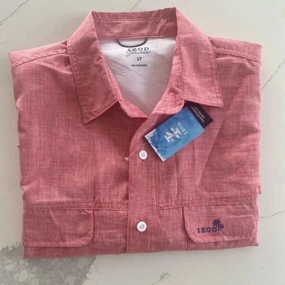 Izod Saltwater Beach Performance Surfside Short Sleeve Shirt Mens Light Pink NEW